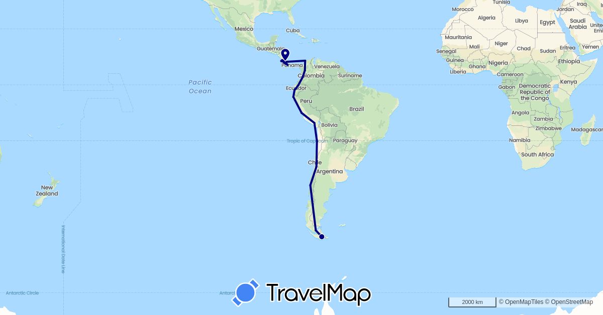 TravelMap itinerary: driving in Argentina, Chile, Colombia, Costa Rica, Ecuador, Peru (North America, South America)
